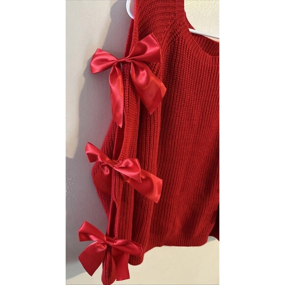 LADIES TIE BOW SLEEVE Red WOMEN SLIT RIBBON ARM KNITTED PULLOVER WARM TOP - Picture 2 of 7
